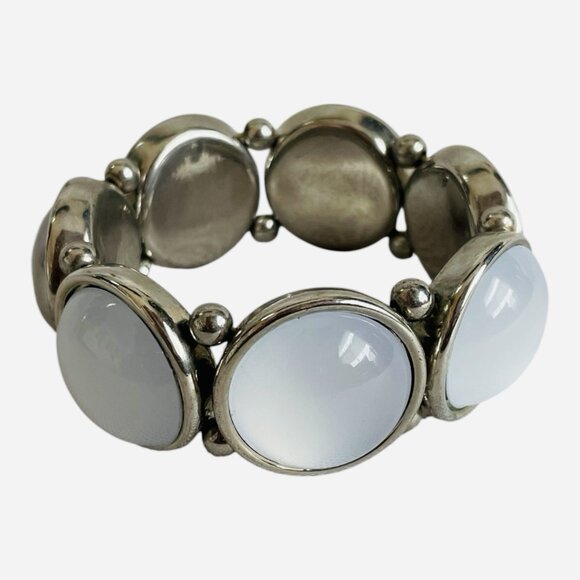 Silver-Tone Stretch Bracelet with White Round Cabochons One Size Fits Any - Picture 1 of 3